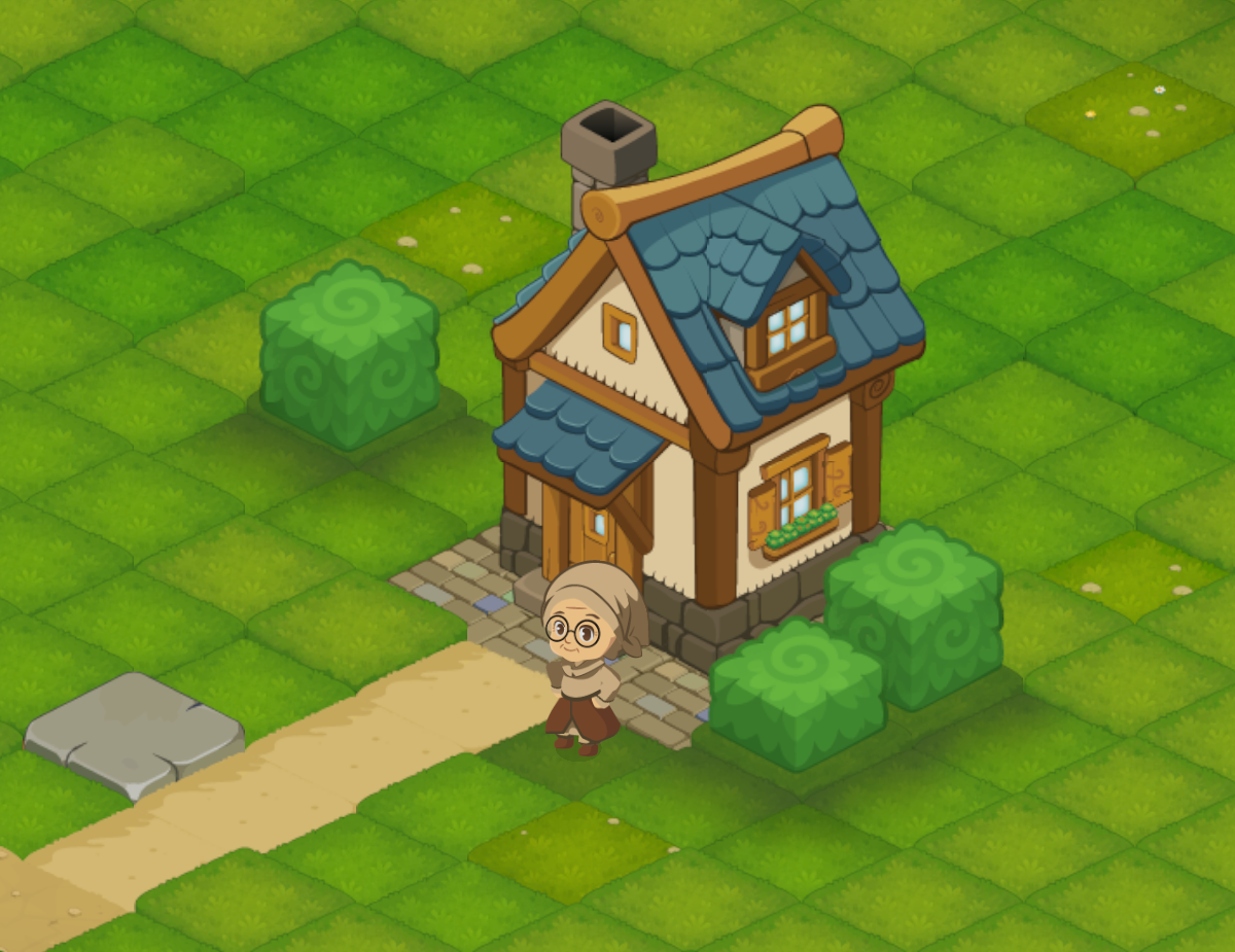 Escena isométrica de Luni con una casa de madera y piedra, un paisaje cubierto de hierba, un camino y un personaje frente a la casa.